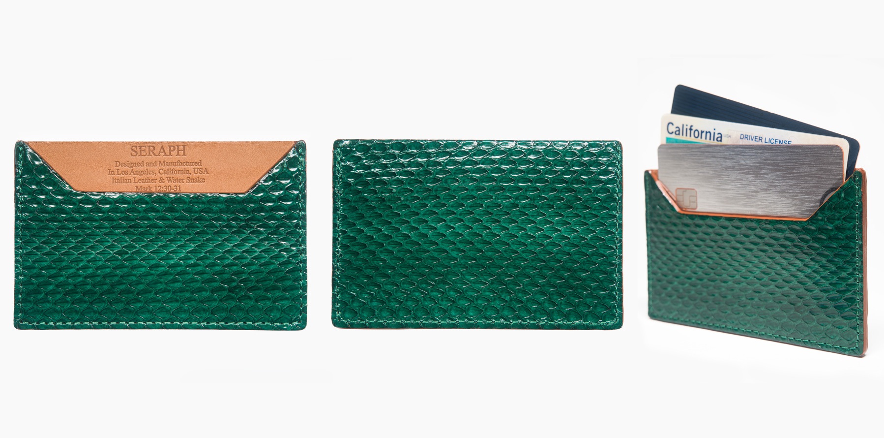 Three views of a green Seraph leather card holder on a pale background