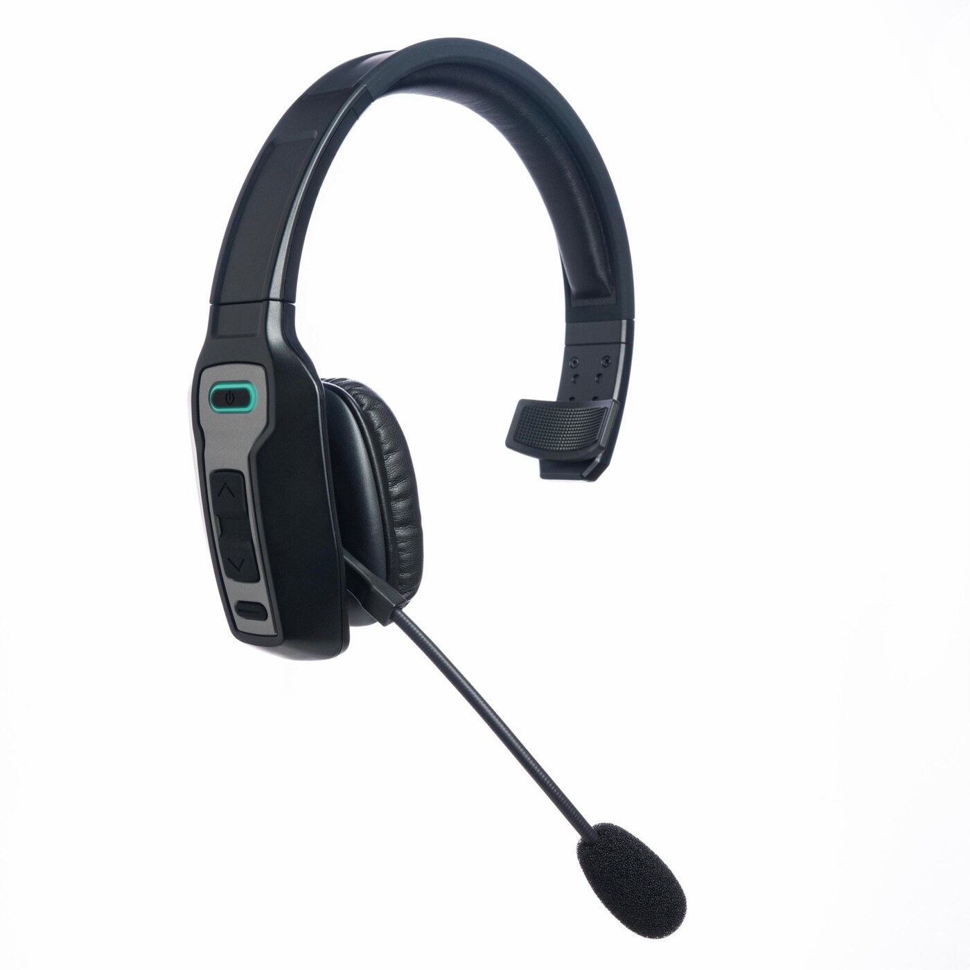 Black & Gray Bluetooth headset shown from the front on white